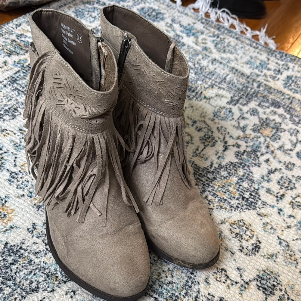 Gray Fringe Suede Ankle Boots